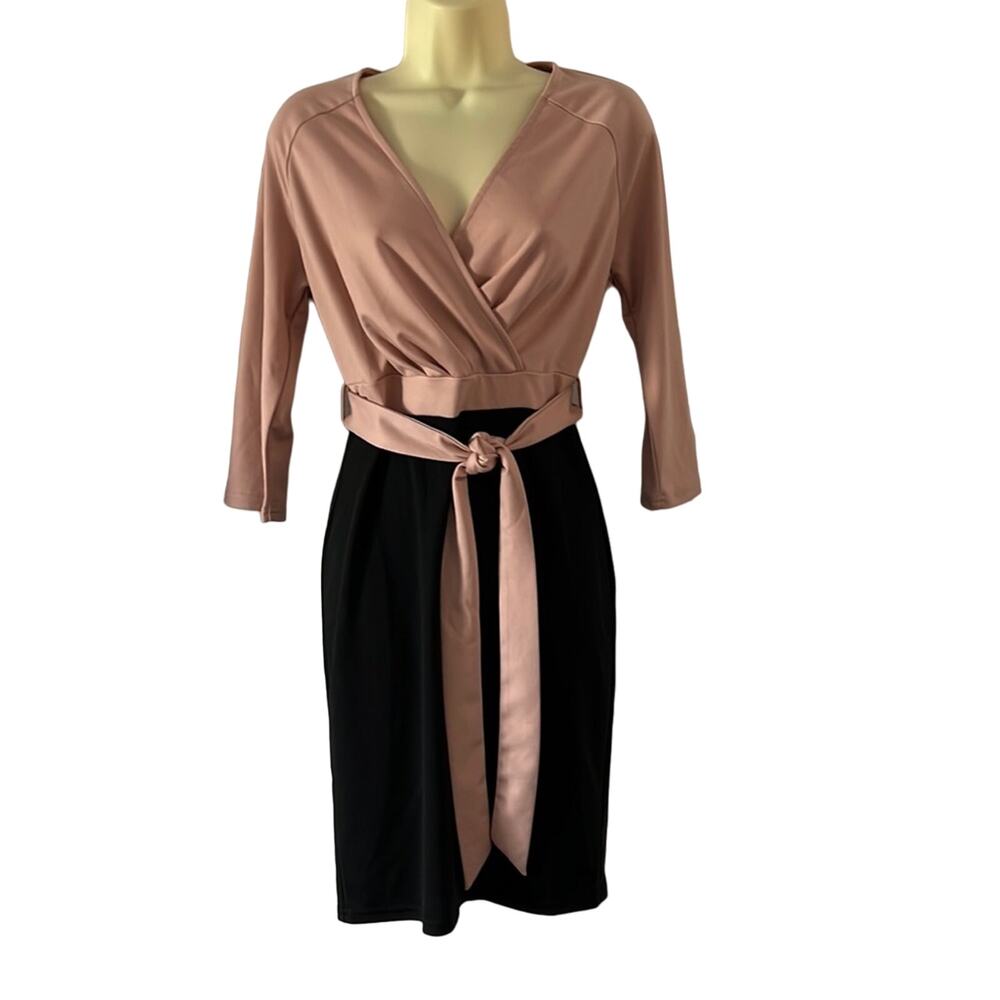 Grace Karin Blush Pink & Black Stretch Knit Dress Size Small Pencil Tie Belt